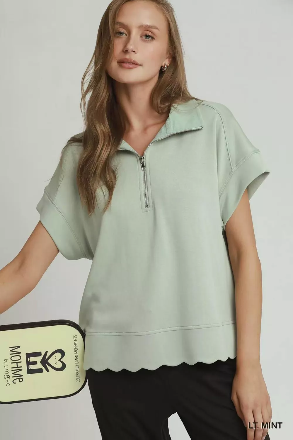 Half Zip Pullover with Scalloped Edge Hem