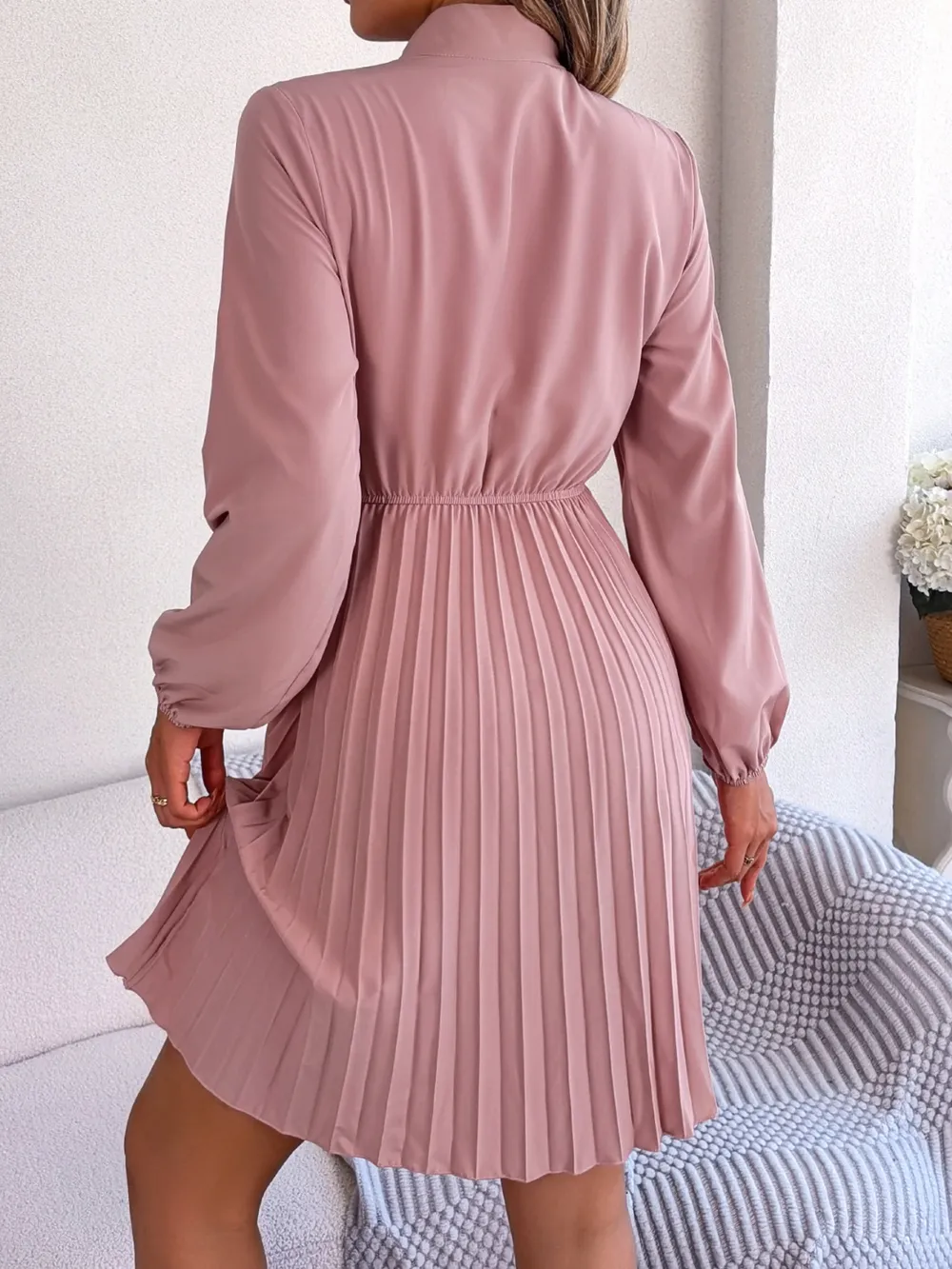 Tie Neck Balloon Sleeve Pleated Dress, image 9