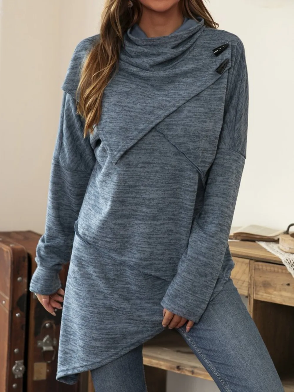 Asymmetrical Hem Cowl Neck Long Sleeve T-Shirt, image 2