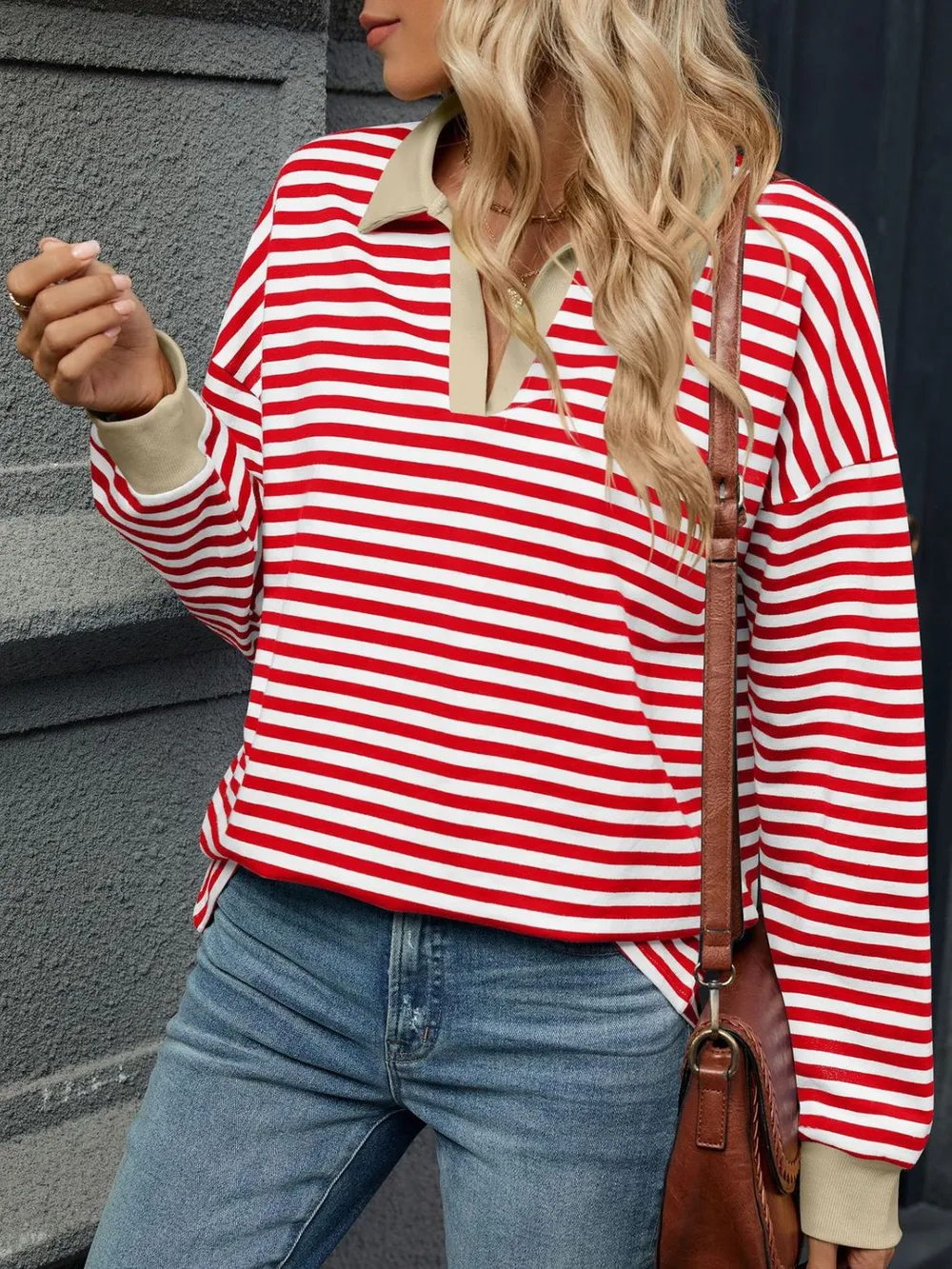Striped Johnny Collar Long Sleeve Sweatshirt, image 3