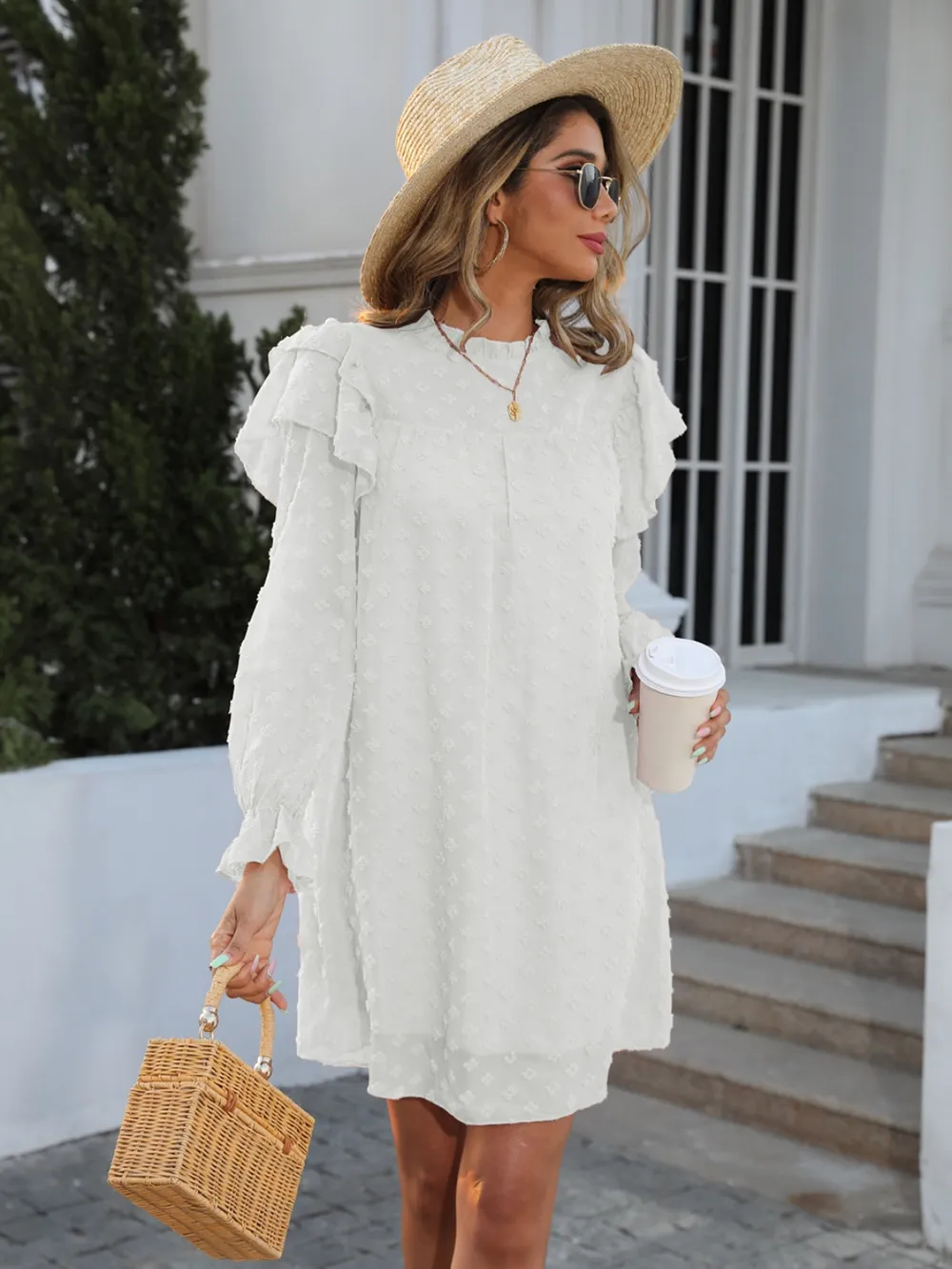 Swiss Dot Mock Neck Flounce Sleeve Dress, image 4
