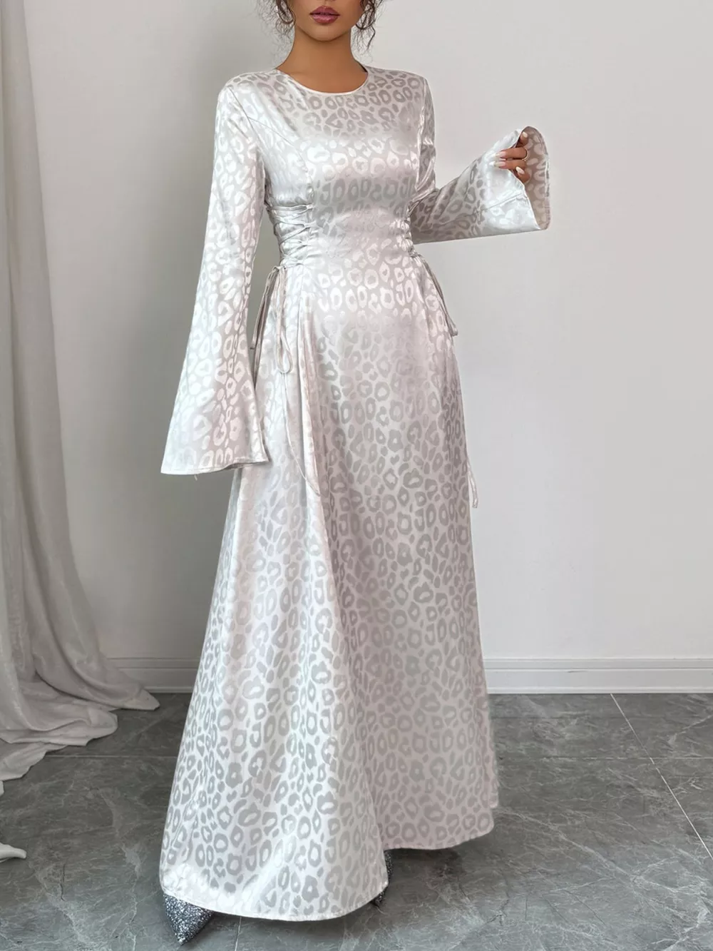 Leopard Lace Up Long Sleeve Maxi Dress, image 2