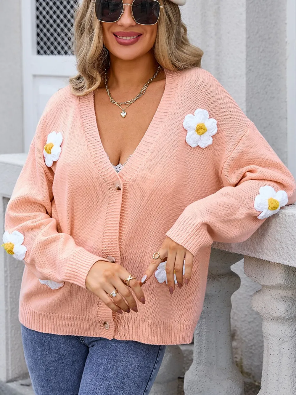 Crochet Flower Button Up Cardigan, image 4
