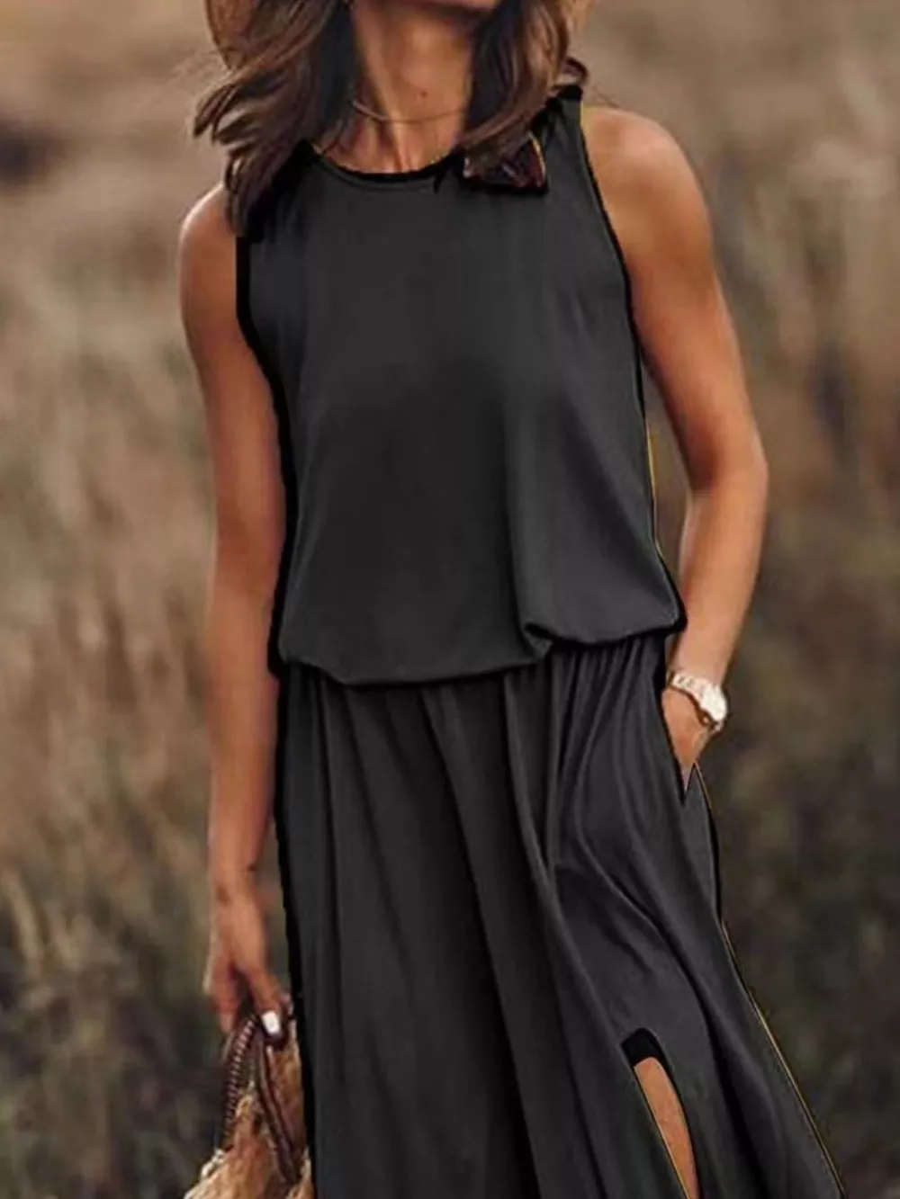 Full Size Round Neck Sleeveless Slit Maxi Dress Plus Size, image 27