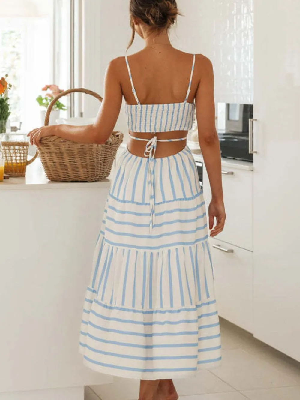 Cutout Striped Tiered Summer Midi Dress, image 5