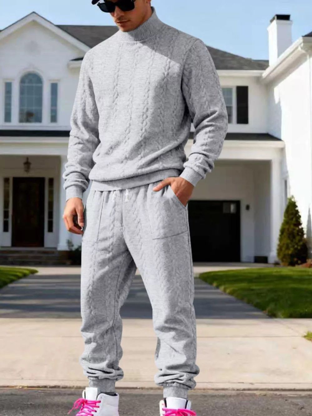 Men's Full Size Cable Knit Mock Neck Sweater and Joggers Set Plus Size