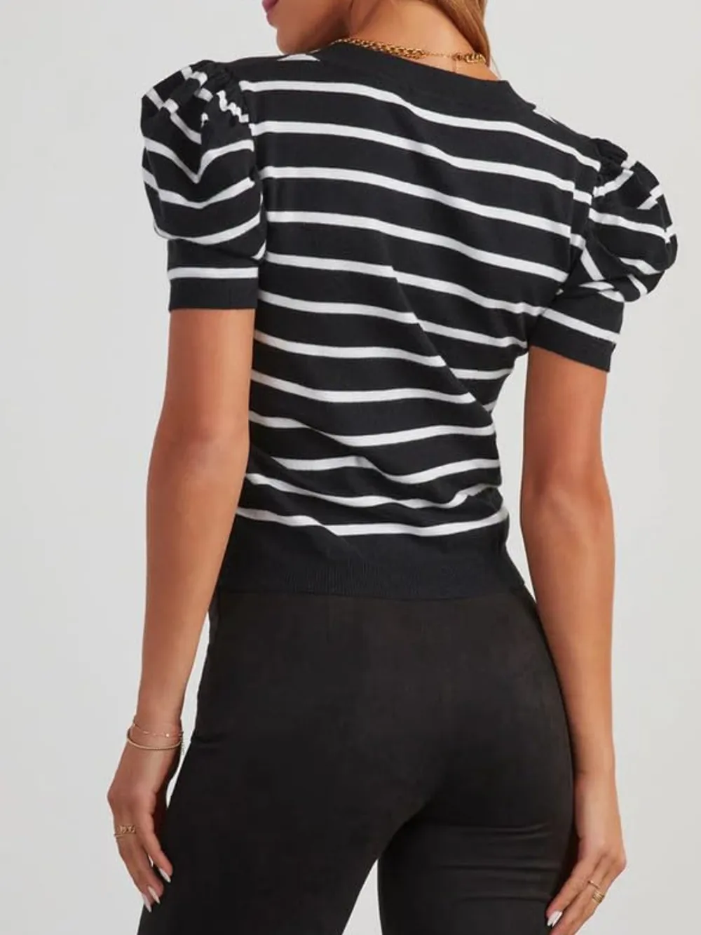 Striped Round Neck Puff Sleeve Knit Top, image 15