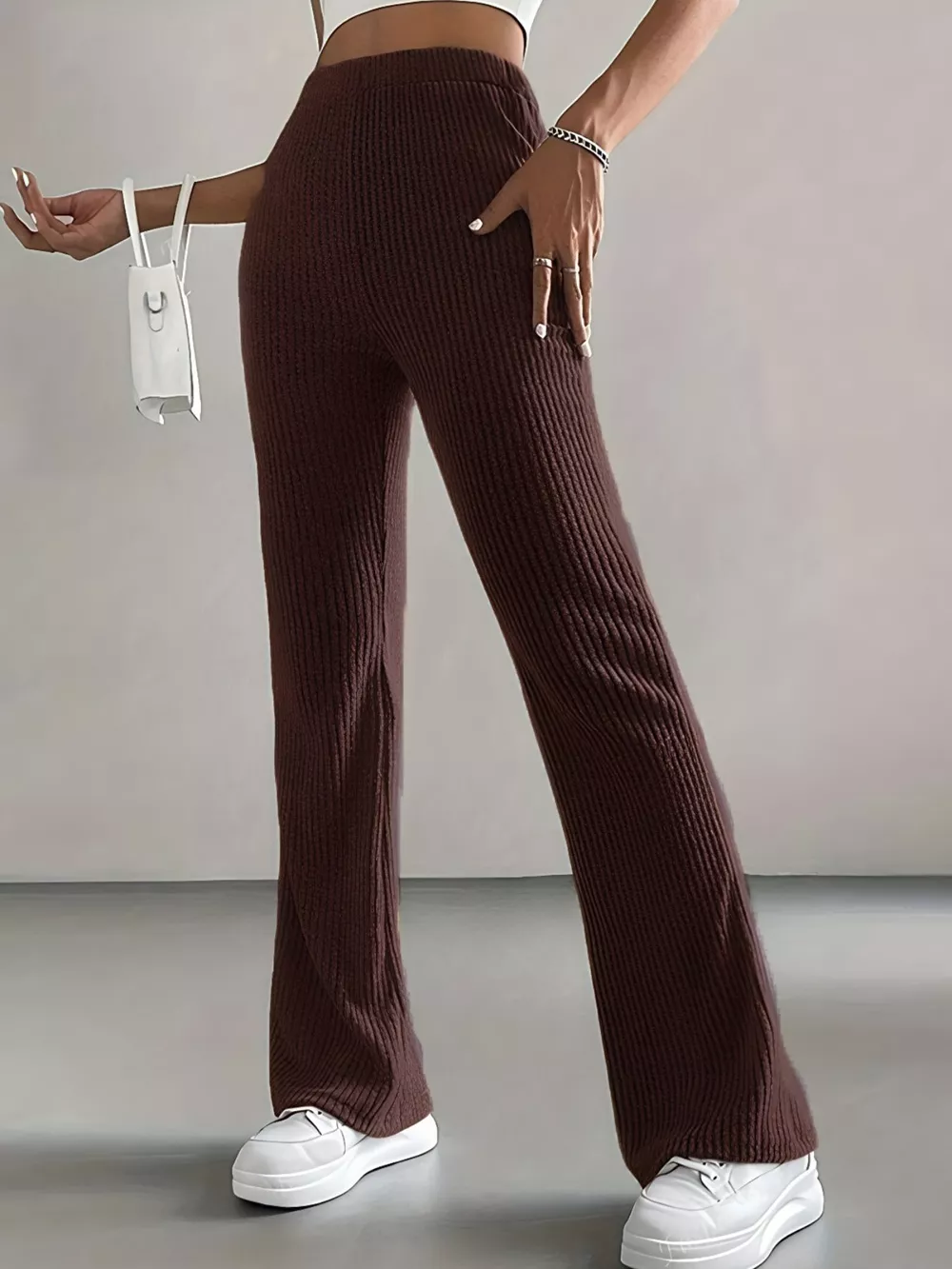 Ribbed Knit High Waist Flare Pants, image 7