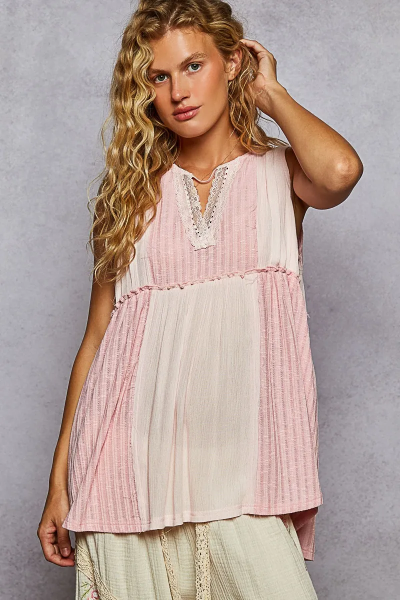 Lace Trim Two-Tone Tank with Pintuck Detail