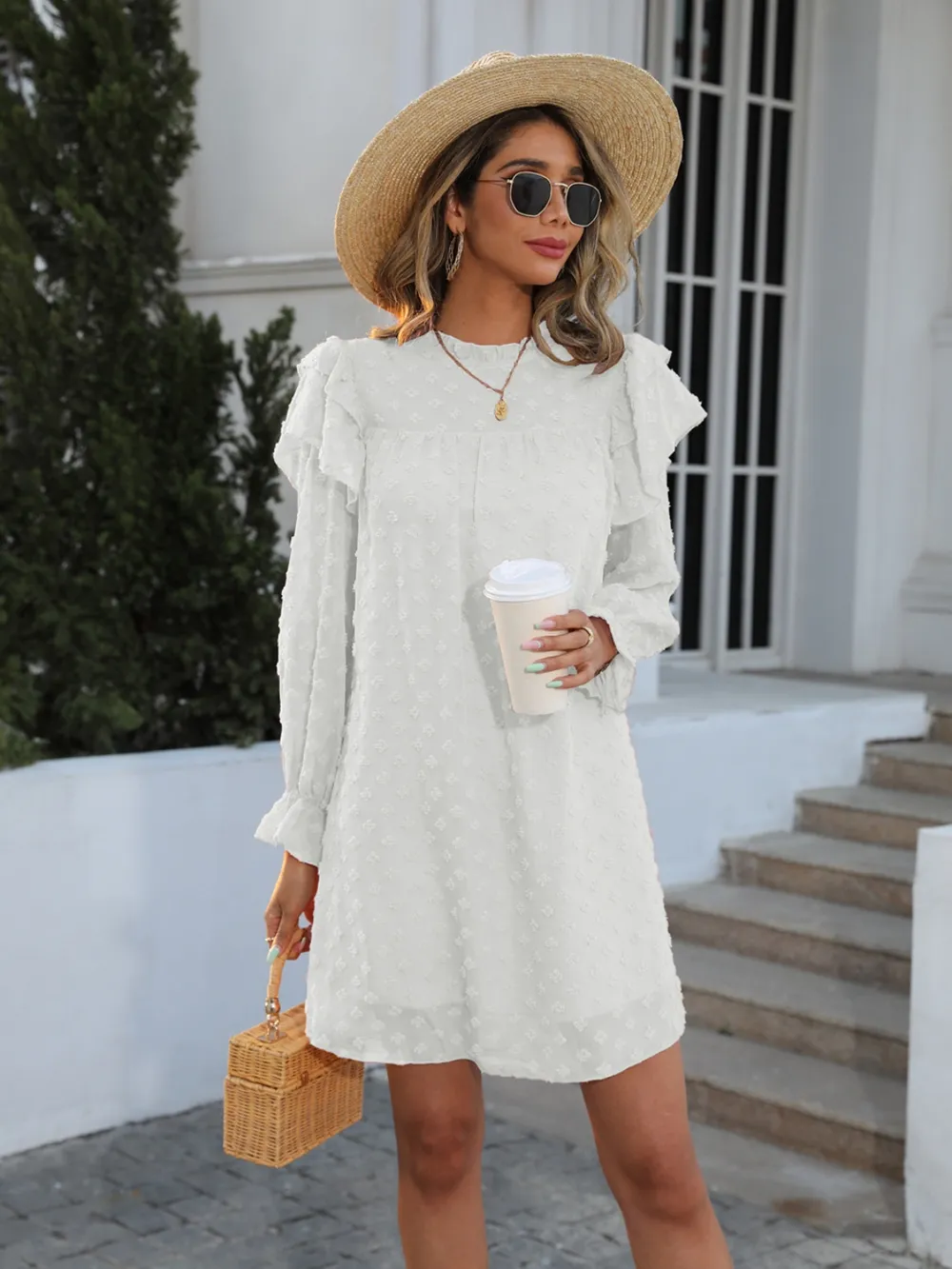 Swiss Dot Mock Neck Flounce Sleeve Dress, image 2
