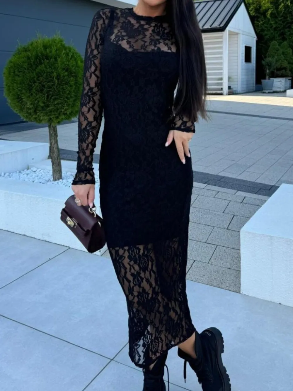 Lace Round Neck Long Sleeve Midi Dress, image 4