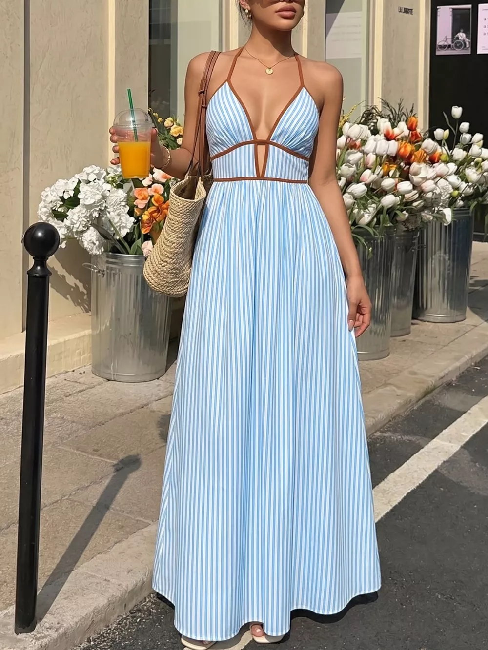 Striped Halter Neck Maxi Dress, image 4