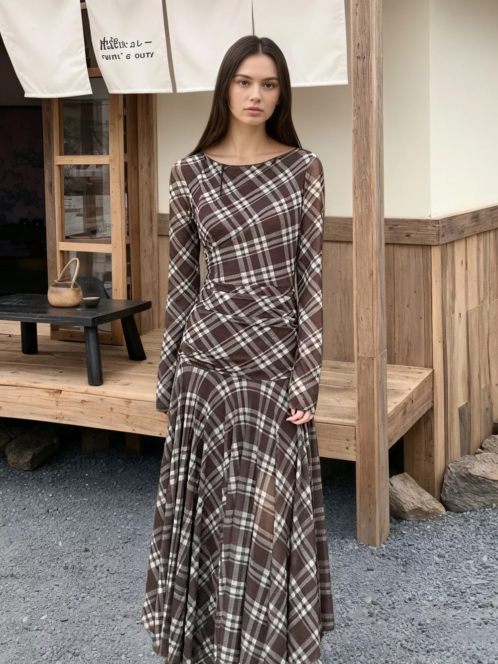 Plaid Long-Sleeve Slim-Fit Maxi Dress, image 3