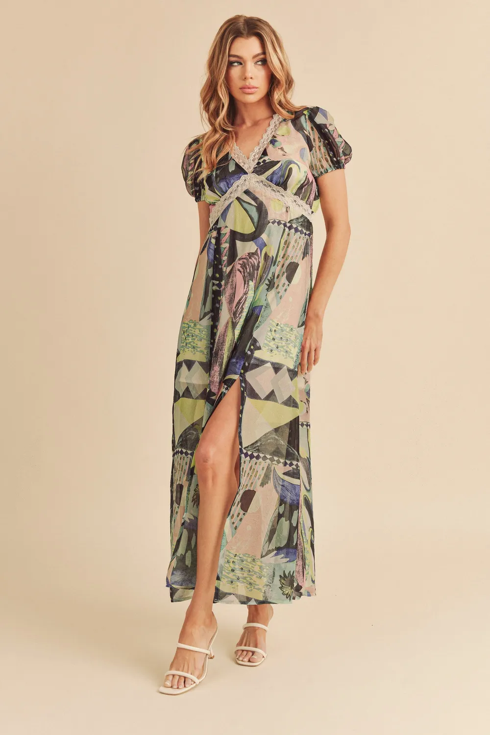 Lace Detail Slit Geometric Print Short Sleeve Maxi Dress