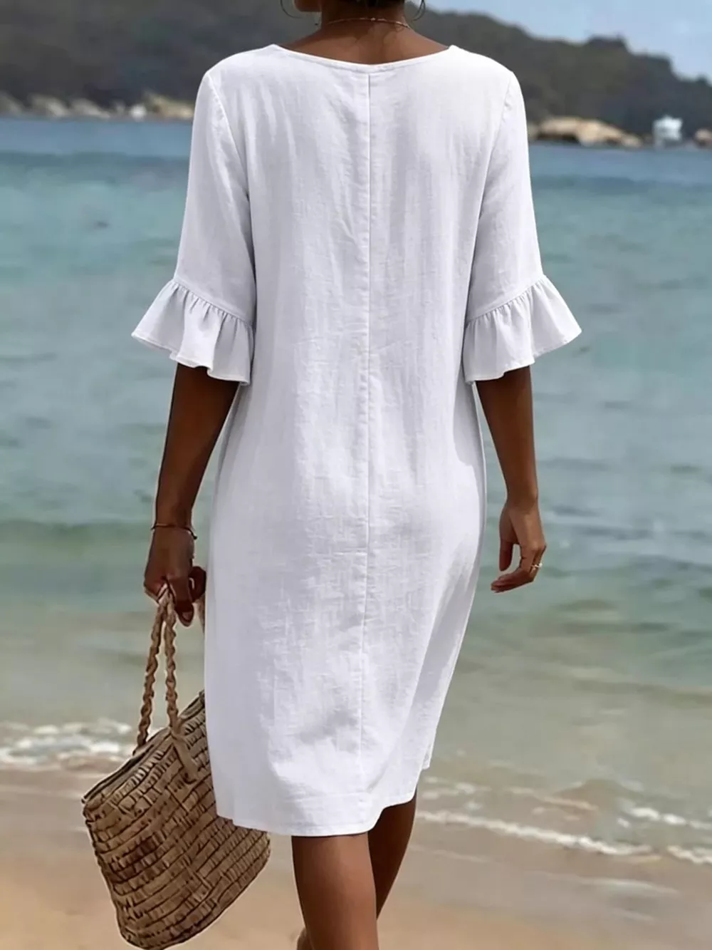 Full Size Button Decor Flounce Sleeve Dress Plus Size, image 3