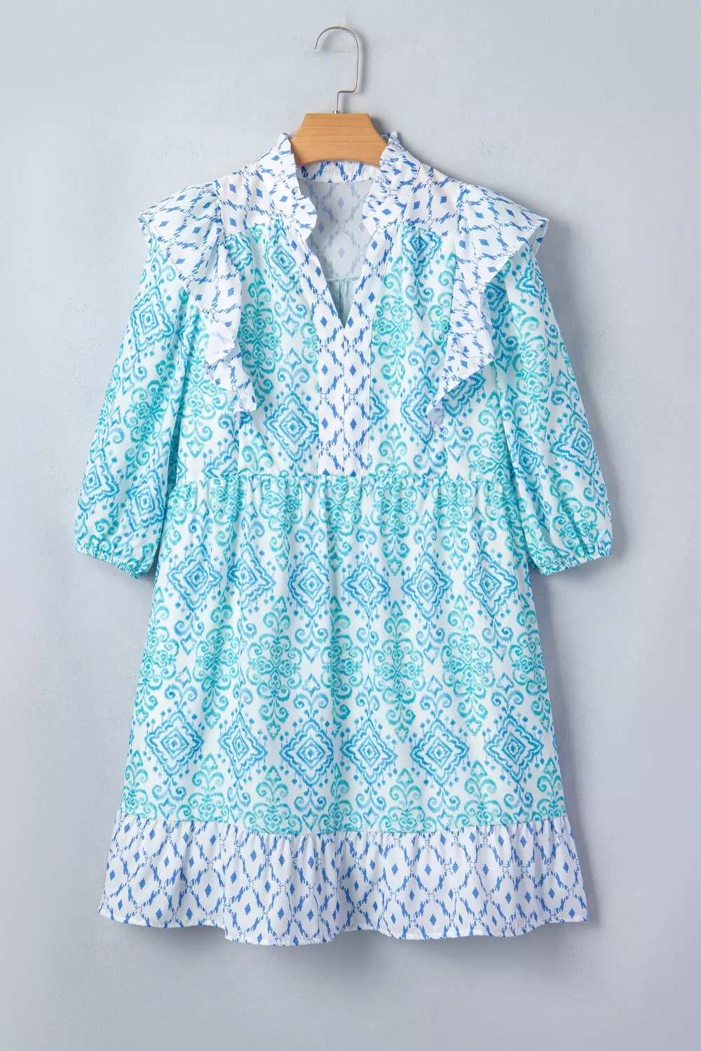Floral Geometric Patchwork Ruffle Detail Puff Sleeve Mini Dress, image 4