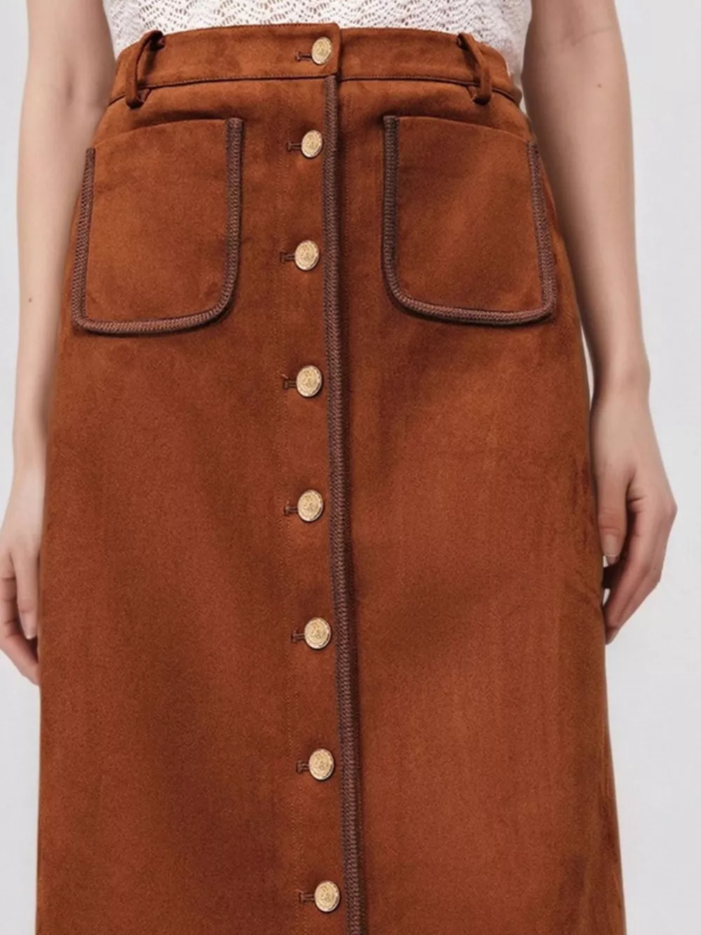 High-Waisted Button-Front Midi Skirt, image 2