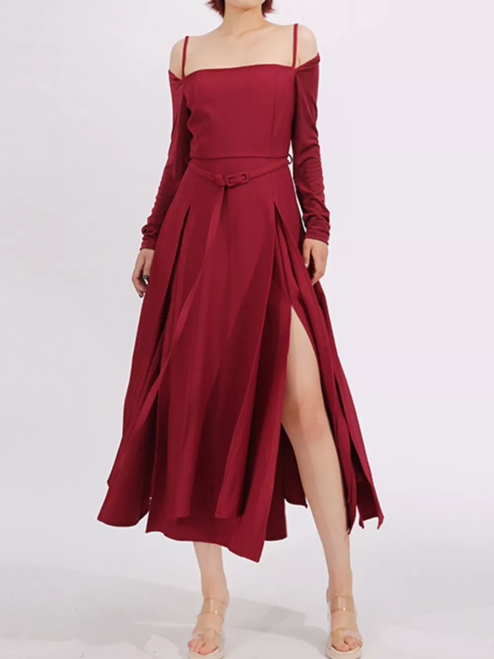 Slit Spaghetti Strap Long Sleeve Dress, image 2