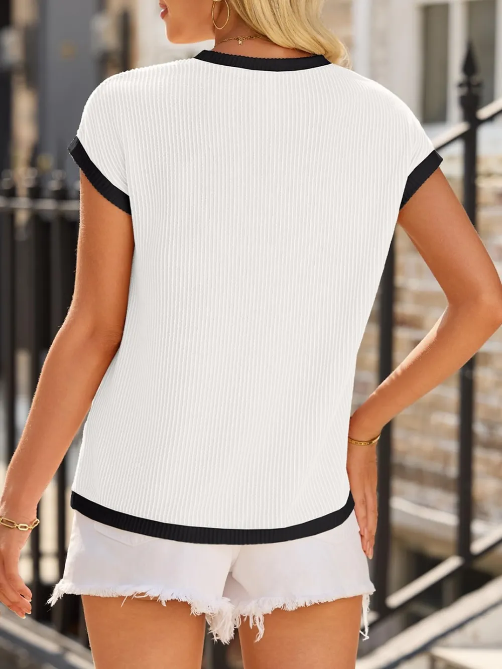 Contrast Trim Round Neck Short Sleeve T-Shirt, image 16