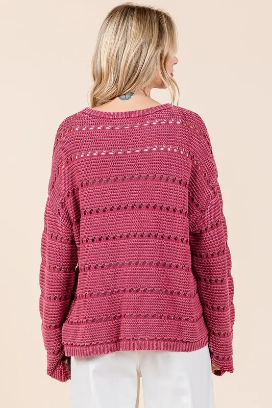 Openwork Round Neck Drop Shoulder Sweater, image 5