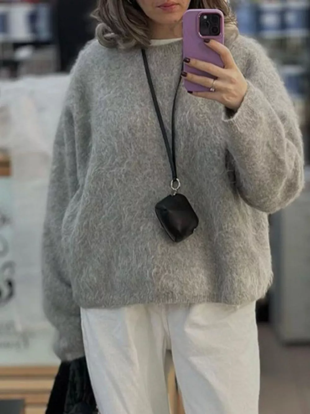 Fuzzy Round Neck Long Sleeve Sweater, image 14