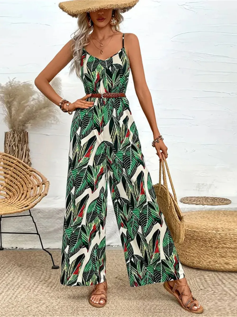 Tropical Print Spaghetti Strap Wide Leg Jumpsuit, image 3