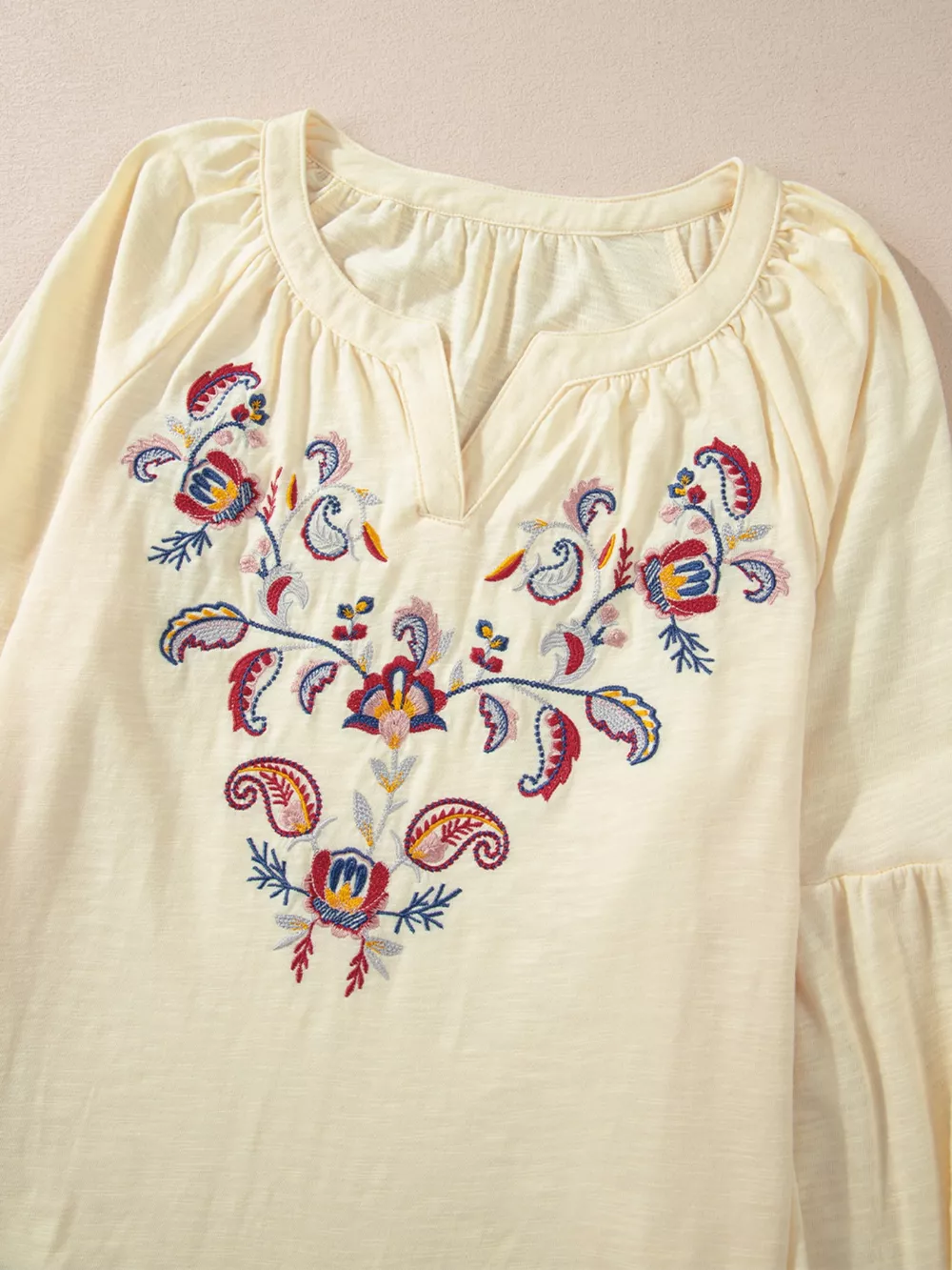 Embroidered Notched Balloon Sleeve Blouse, image 6