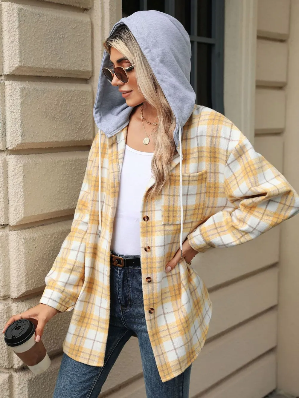 Drawstring Plaid Button Up Hooded Jacket, image 8