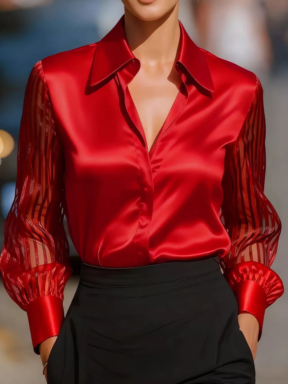 Collared Neck Sheer Sleeve Shirt, image 6