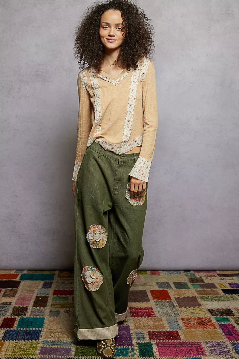 Floral Patch V-Neck Long Sleeve Ribbed Top, image 5
