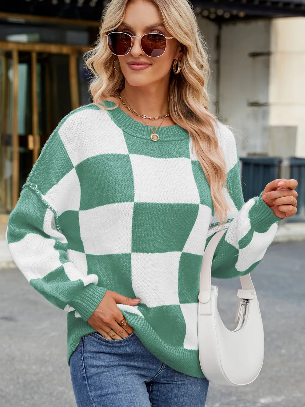 Checkered Round Neck Long Sleeve Sweater, image 18