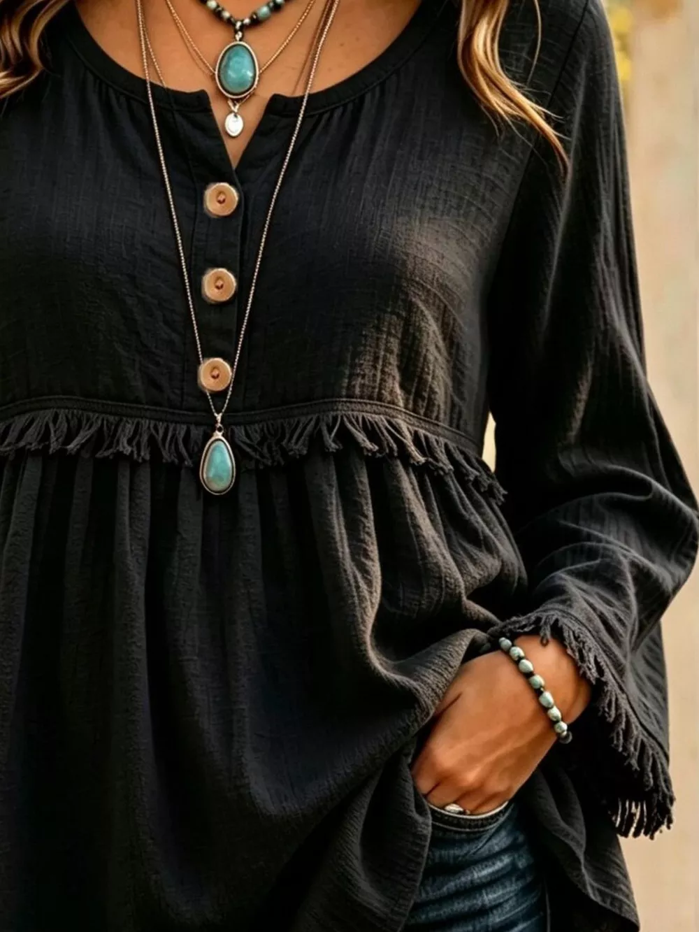 Button-Down Detail Fringed Hem Blouse, image 11