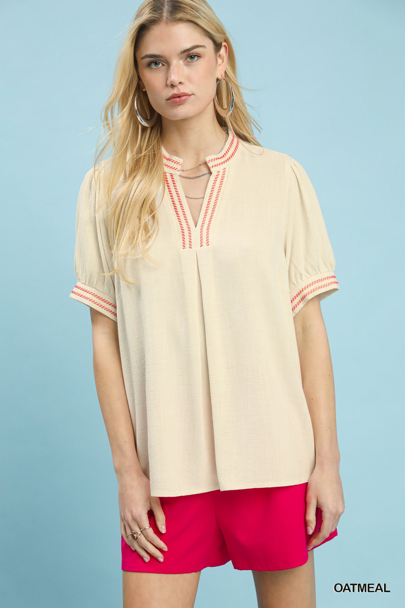 Embroidery Linen Puff Sleeve Blouse