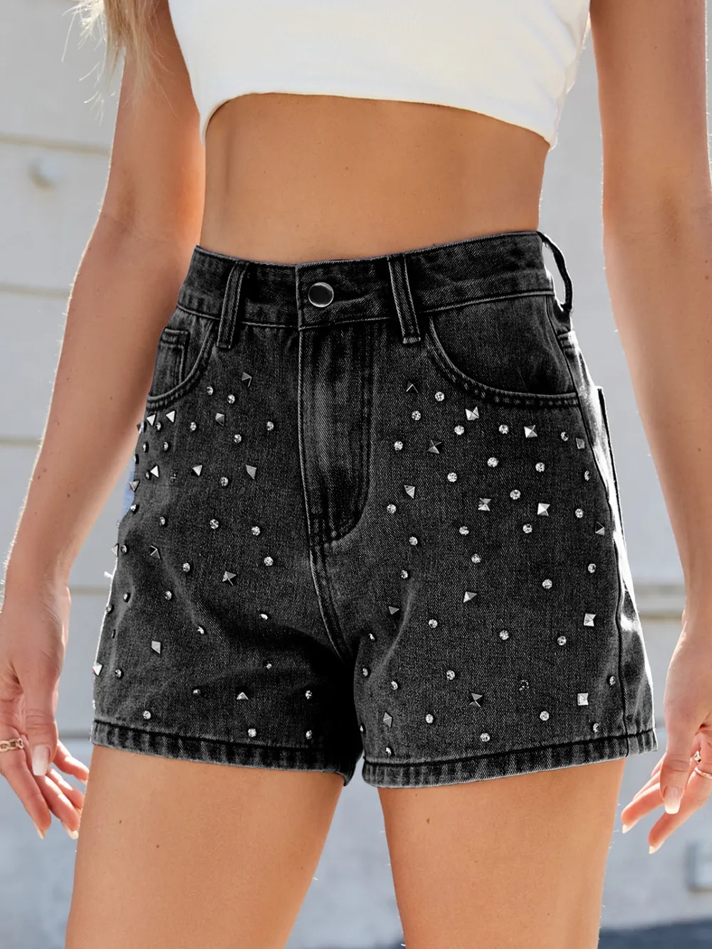 Rhinestone Washed High Waist Denim Shorts, image 11