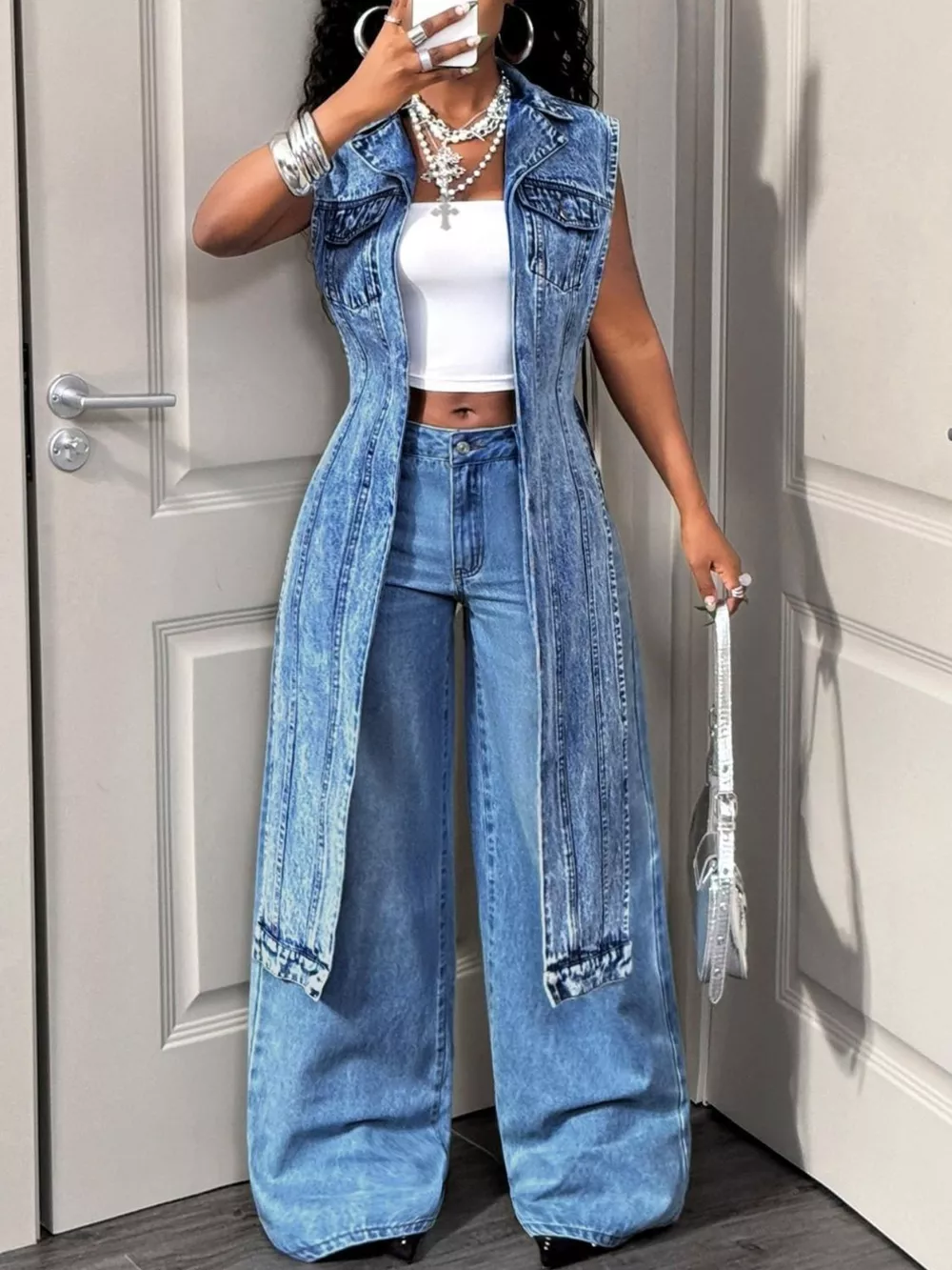 High-Low Open Front Denim Vest, image 10