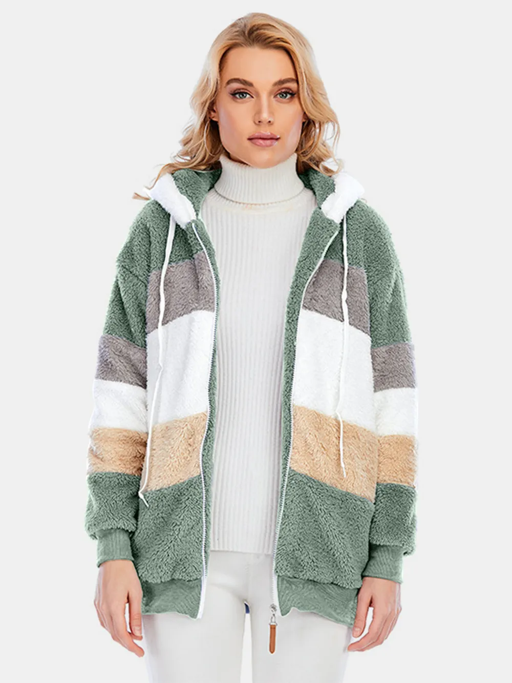 Full Size Drawstring Color Block Zip Up Hooded Outerwear, image 24