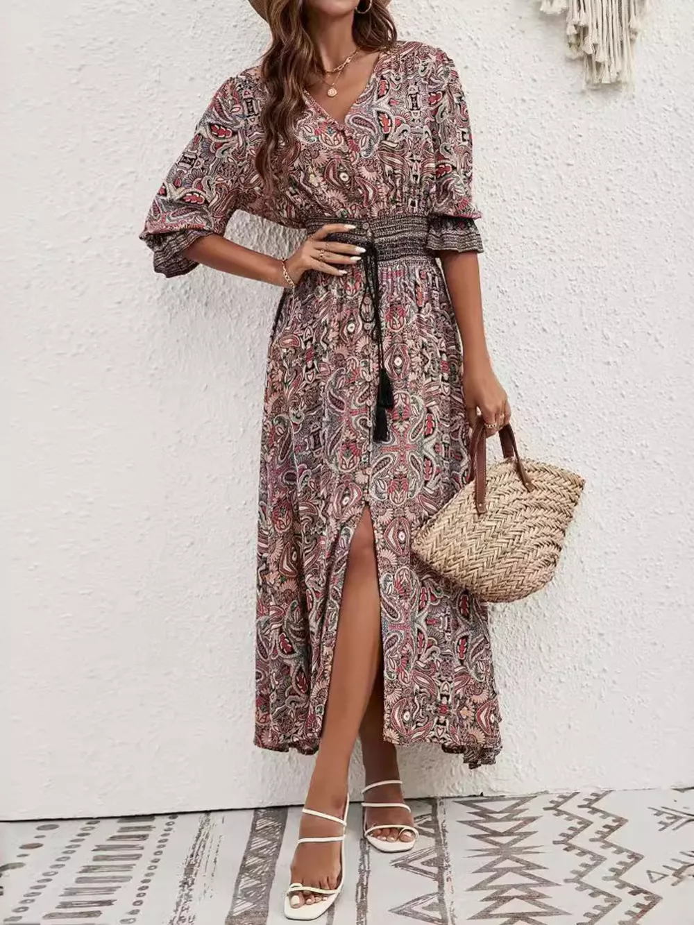 Paisley Print Half Sleeve Slit Midi Dress, image 19