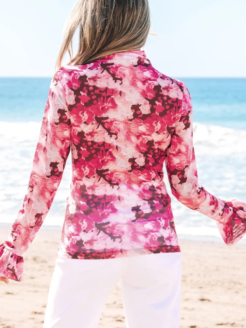 Floral Mesh Flounce Sleeve Mock Neck Blouse, image 4