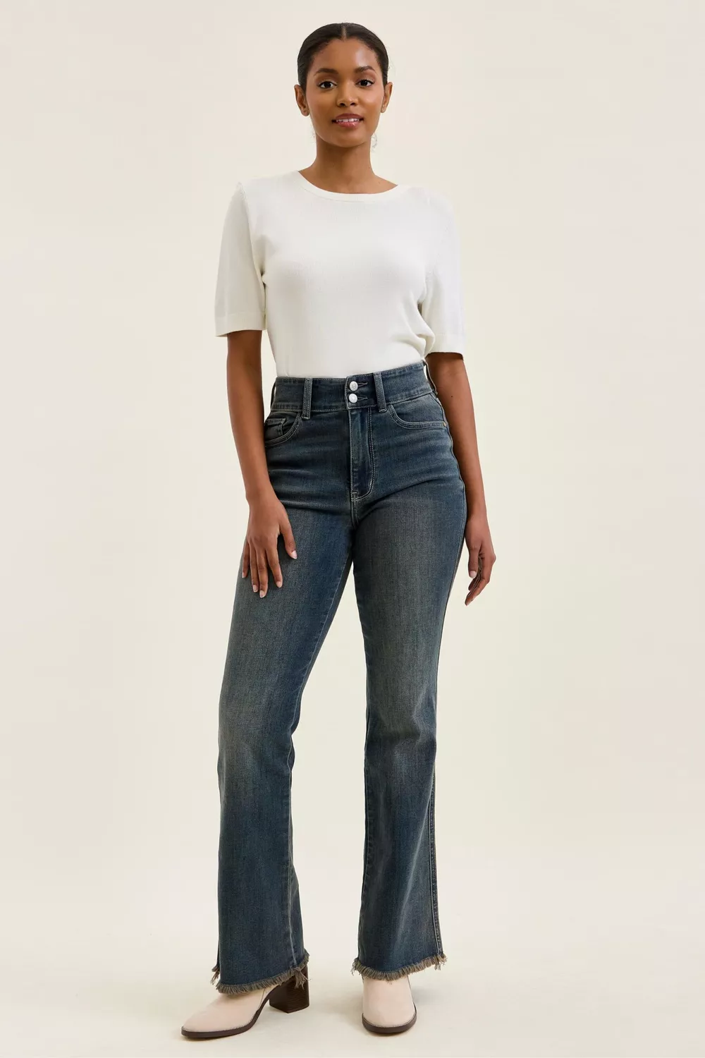 High Waist Double Button Frayed Hem Jeans, image 6