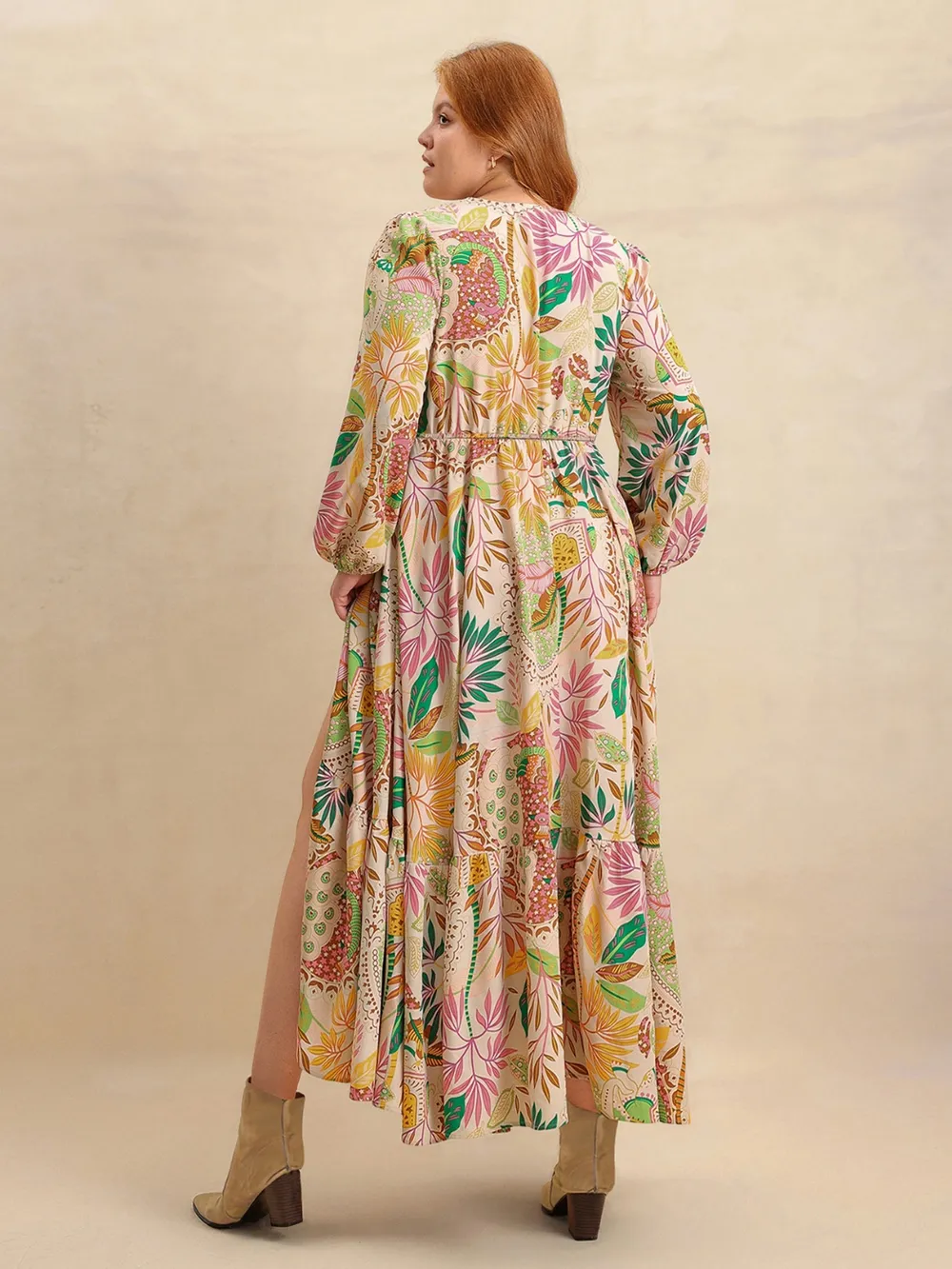 Plus Size Lace Detail Printed V-Neck Balloon Sleeve Dress, image 8