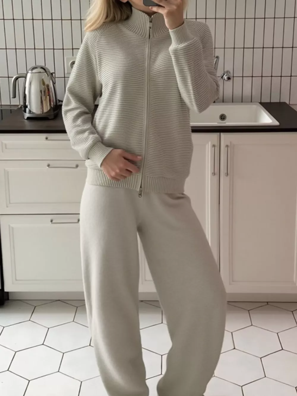 Casual Knit Zip-Up Cardigan and Wide-Leg Pants Set, image 5