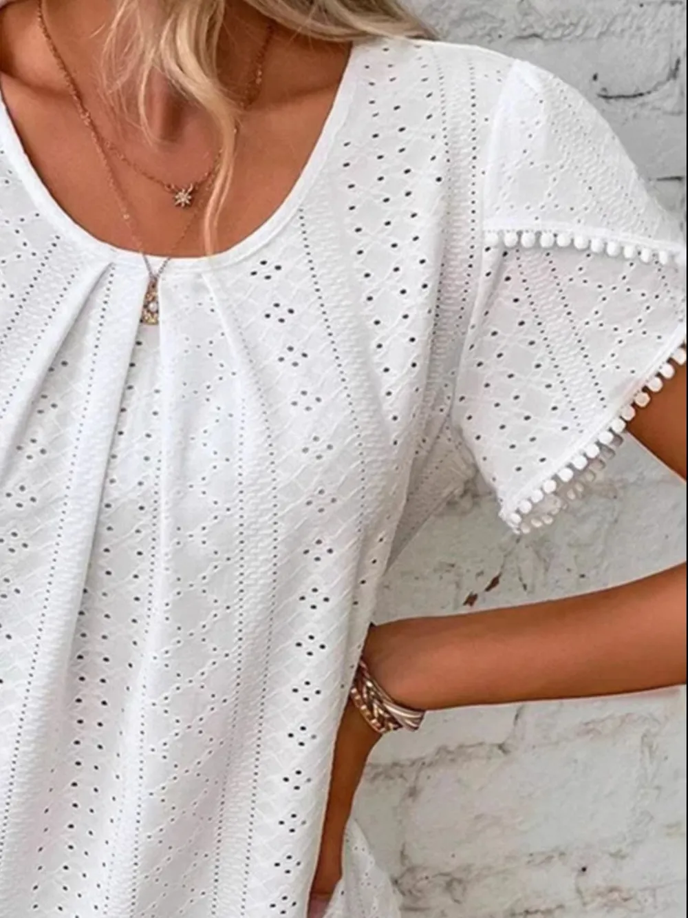 Eyelet Petal Sleeve Top with Pom Pom Trim, image 3