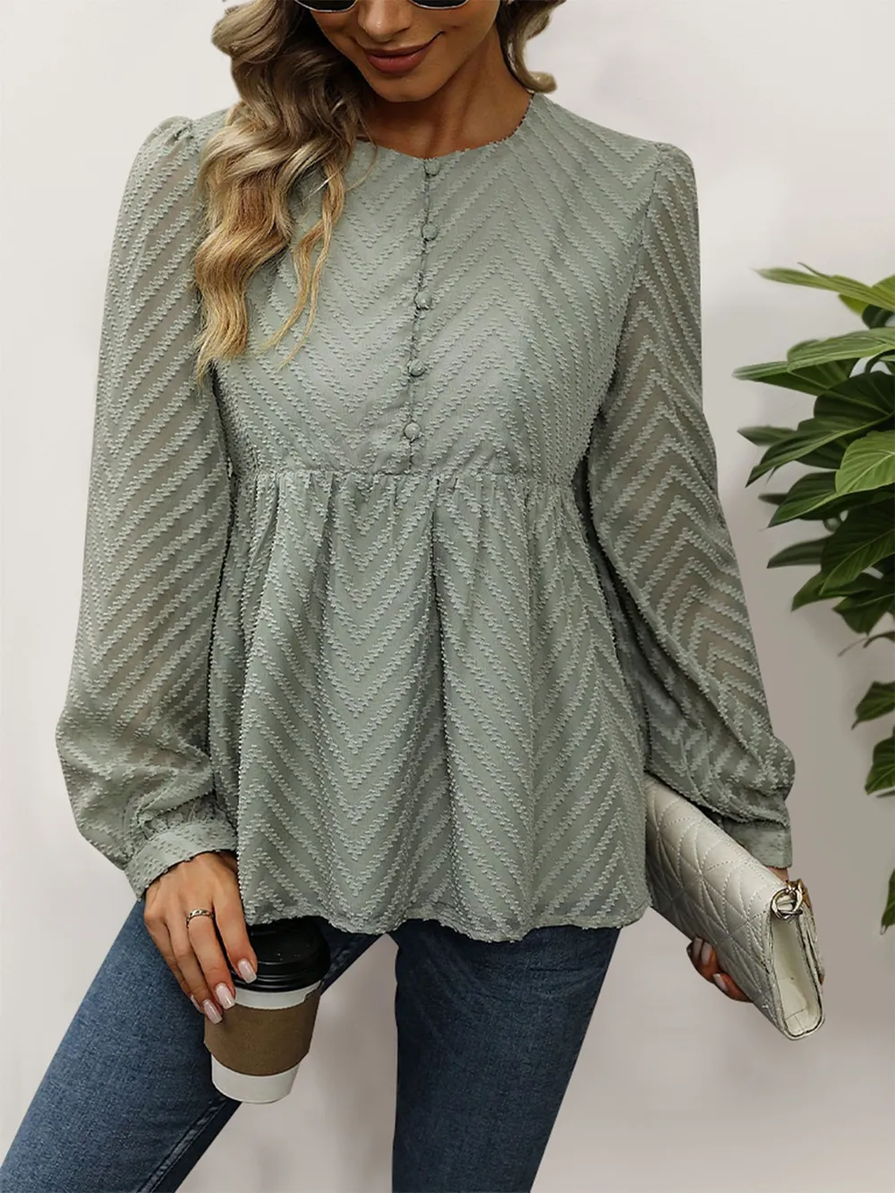 Peplum Round Neck Long Sleeve Blouse, image 5