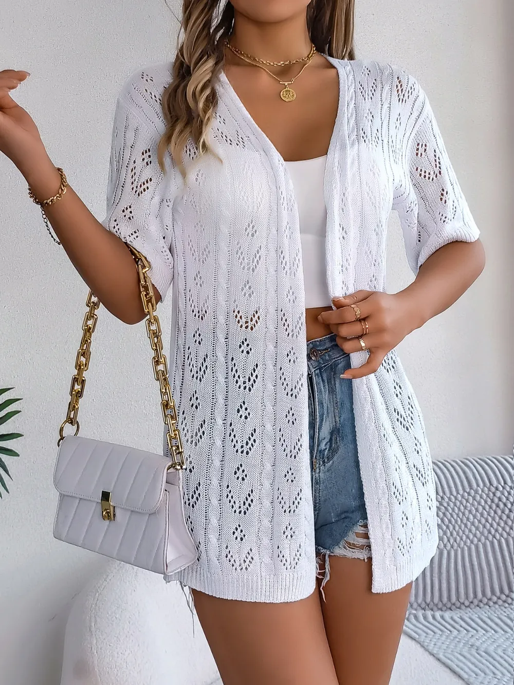 Openwork Open Front Half Sleeve Cardigan, image 9