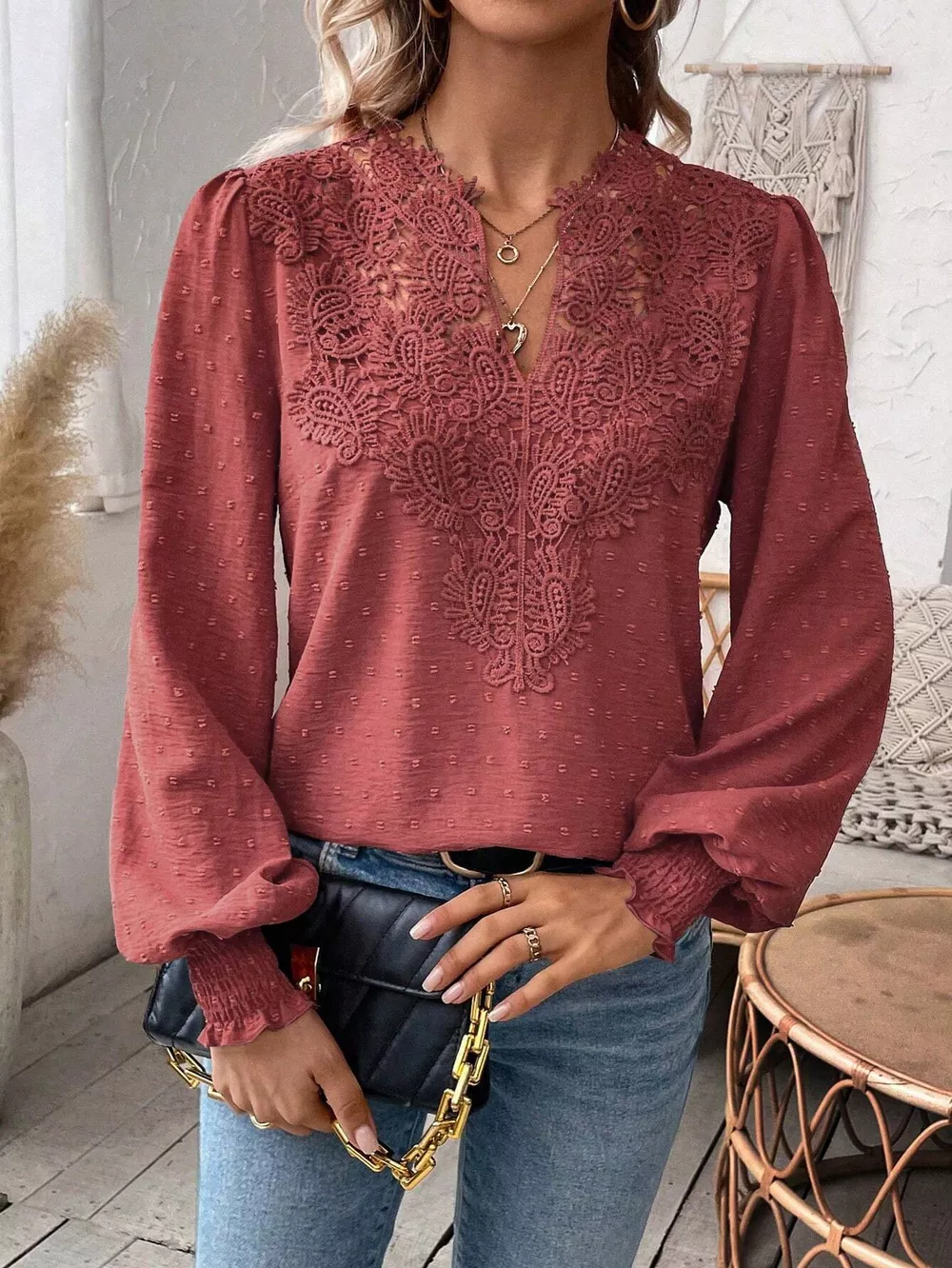 Lace Trim Long Sleeve Blouse, image 30