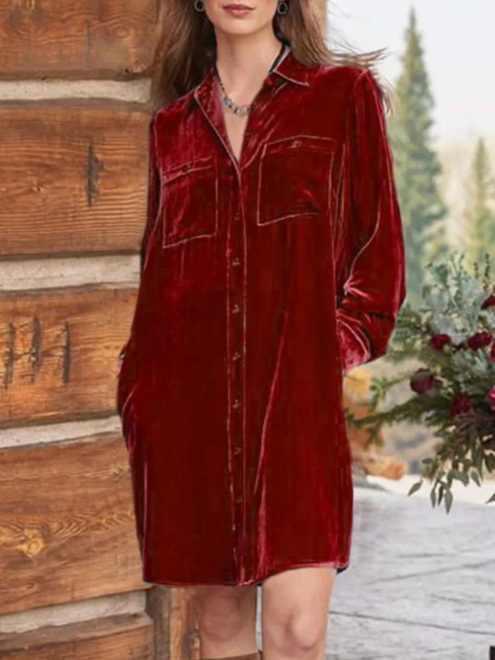 High-Low Button Up Long Sleeve Knee Length Dress, image 10