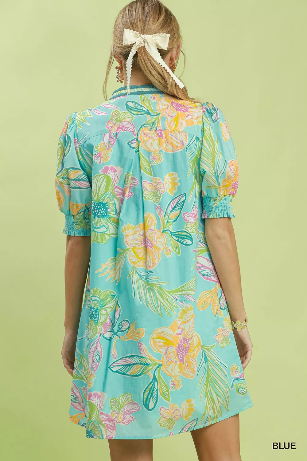 Botanical Print Dress with Smocked Cuffs, image 3