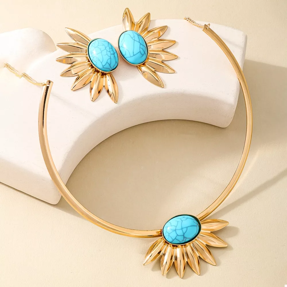 Turquoise Sunflower Necklace and Earrings Jewelry Set, image 3