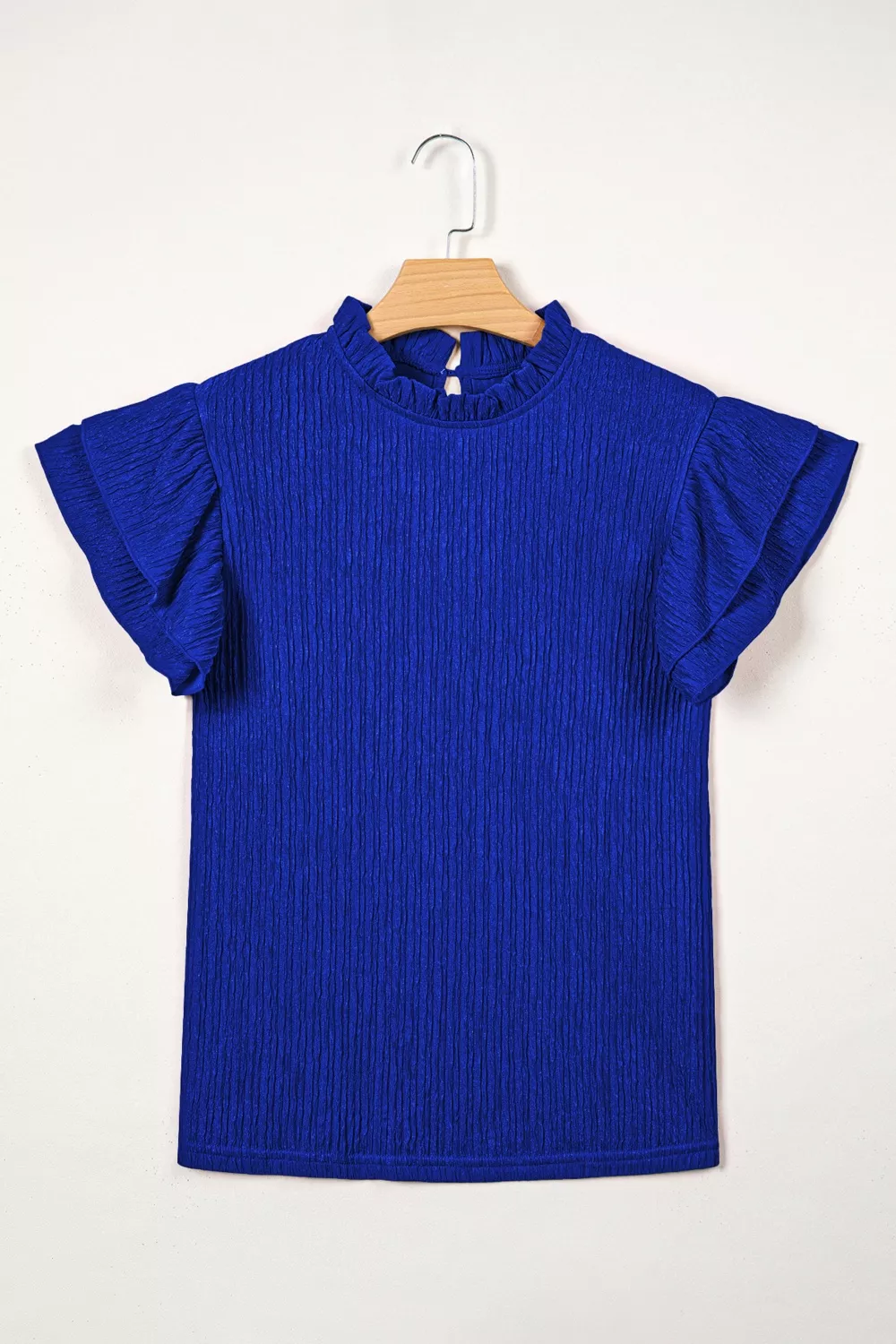 Solid Color Textured Ruffle Trim Short Sleeve Blouse, image 4
