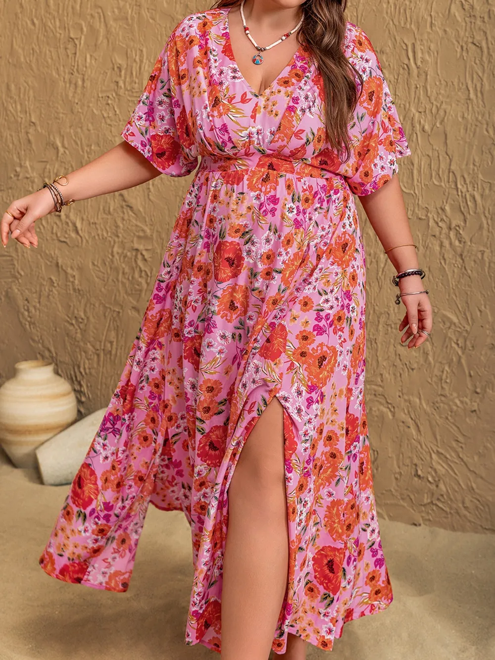 Plus Size Slit Floral V-Neck Half Sleeve Maxi Dress, image 8